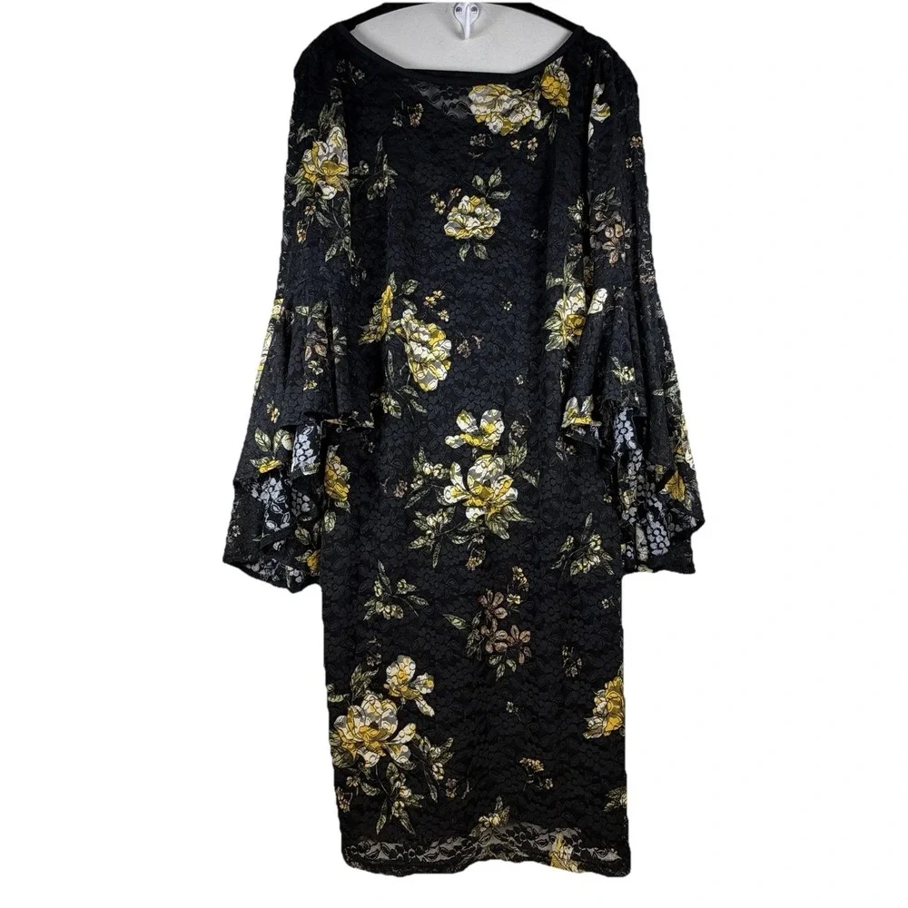 VFSHOW Women's Large Mesh Floral Dress Black Yellow Bell Sleeve Midi Career‎